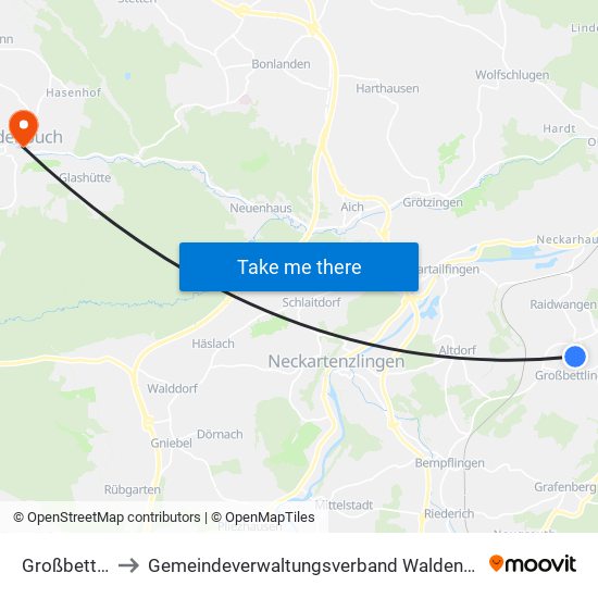 Großbettlingen to Gemeindeverwaltungsverband Waldenbuch / Steinenbronn map