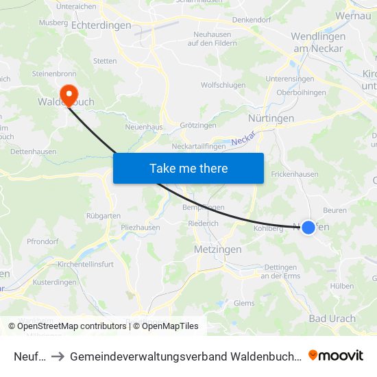 Neuffen to Gemeindeverwaltungsverband Waldenbuch / Steinenbronn map