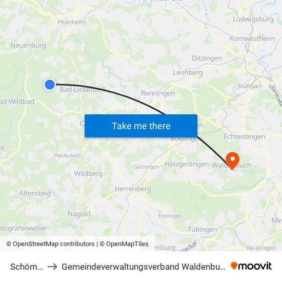 Schömberg to Gemeindeverwaltungsverband Waldenbuch / Steinenbronn map