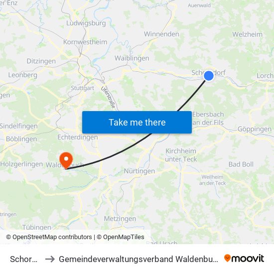 Schorndorf to Gemeindeverwaltungsverband Waldenbuch / Steinenbronn map