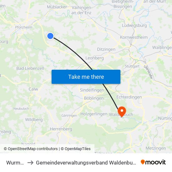 Wurmberg to Gemeindeverwaltungsverband Waldenbuch / Steinenbronn map