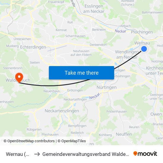 Wernau (Neckar) to Gemeindeverwaltungsverband Waldenbuch / Steinenbronn map