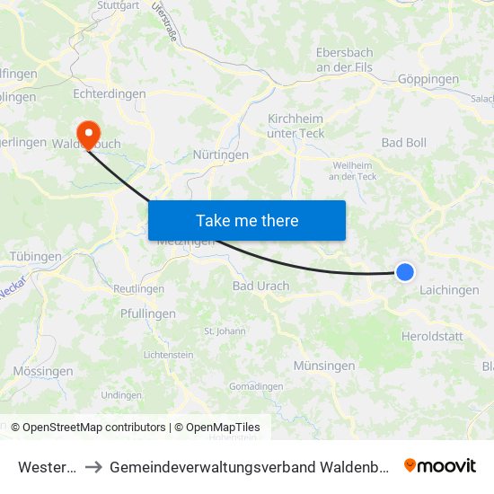 Westerheim to Gemeindeverwaltungsverband Waldenbuch / Steinenbronn map