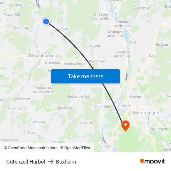 Gutenzell-Hürbel to Buxheim map