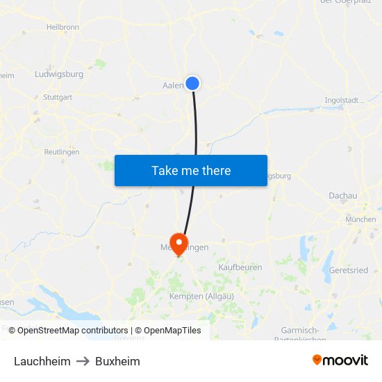 Lauchheim to Buxheim map