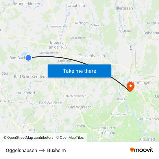 Oggelshausen to Buxheim map