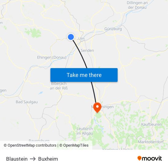 Blaustein to Buxheim map