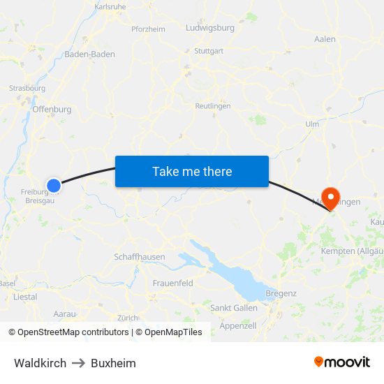 Waldkirch to Buxheim map