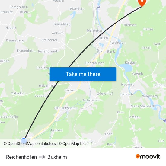 Reichenhofen to Buxheim map