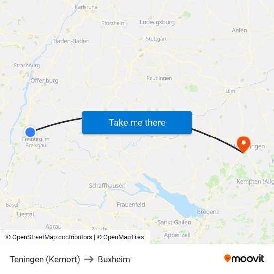 Teningen (Kernort) to Buxheim map