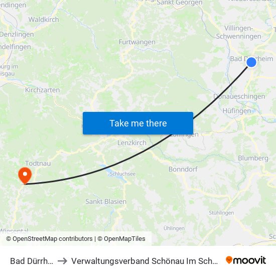 Bad Dürrheim to Verwaltungsverband Schönau Im Schwarzwald map