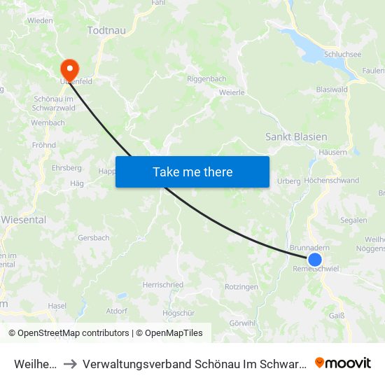 Weilheim to Verwaltungsverband Schönau Im Schwarzwald map