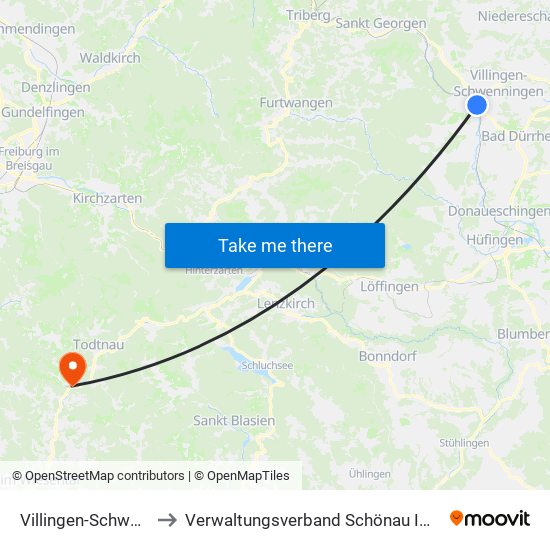 Villingen-Schwenningen to Verwaltungsverband Schönau Im Schwarzwald map