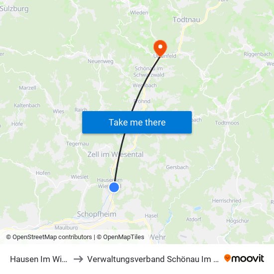 Hausen Im Wiesental to Verwaltungsverband Schönau Im Schwarzwald map