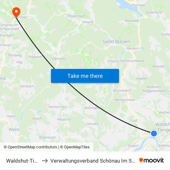 Waldshut-Tiengen to Verwaltungsverband Schönau Im Schwarzwald map