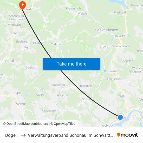 Dogern to Verwaltungsverband Schönau Im Schwarzwald map