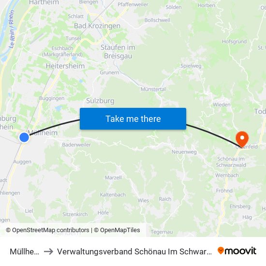 Müllheim to Verwaltungsverband Schönau Im Schwarzwald map