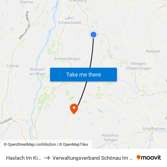 Haslach Im Kinzigtal to Verwaltungsverband Schönau Im Schwarzwald map