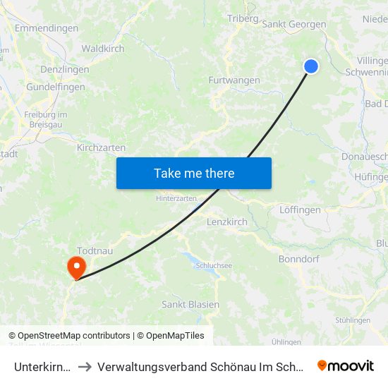 Unterkirnach to Verwaltungsverband Schönau Im Schwarzwald map