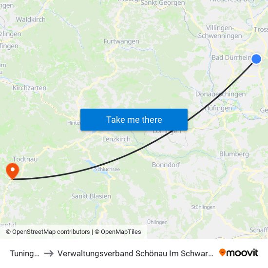 Tuningen to Verwaltungsverband Schönau Im Schwarzwald map