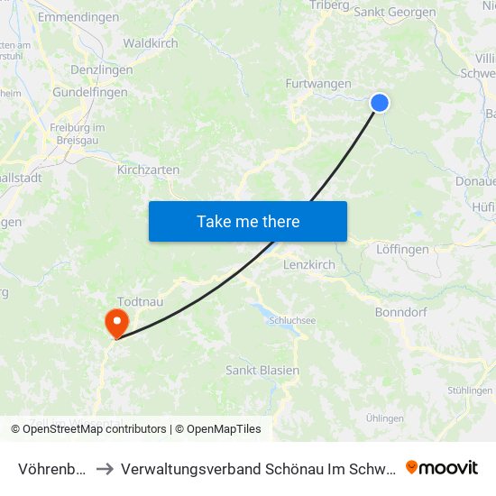 Vöhrenbach to Verwaltungsverband Schönau Im Schwarzwald map