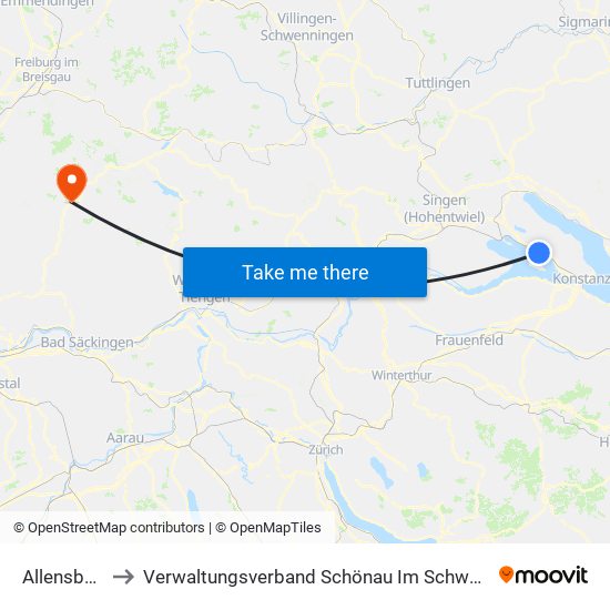 Allensbach to Verwaltungsverband Schönau Im Schwarzwald map
