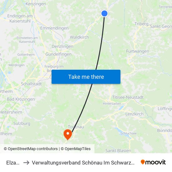 Elzach to Verwaltungsverband Schönau Im Schwarzwald map