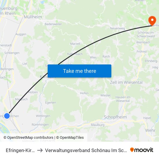 Efringen-Kirchen to Verwaltungsverband Schönau Im Schwarzwald map