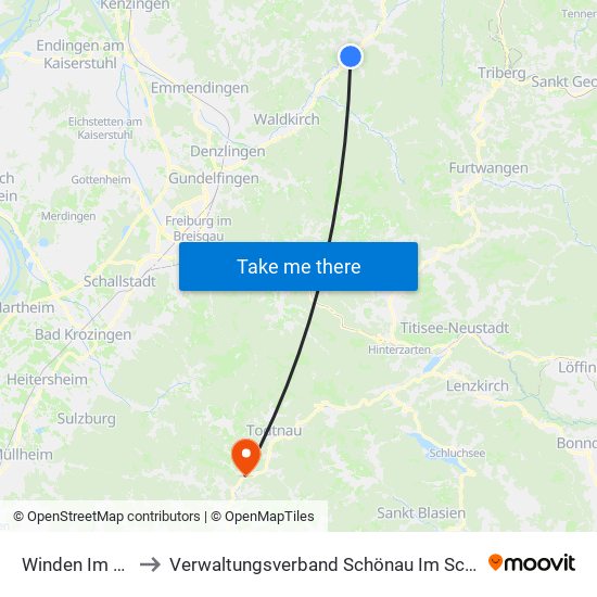 Winden Im Elztal to Verwaltungsverband Schönau Im Schwarzwald map