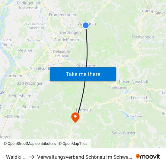 Waldkirch to Verwaltungsverband Schönau Im Schwarzwald map