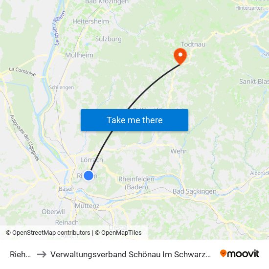 Riehen to Verwaltungsverband Schönau Im Schwarzwald map