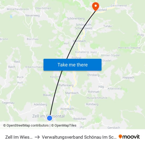 Zell Im Wiesental to Verwaltungsverband Schönau Im Schwarzwald map