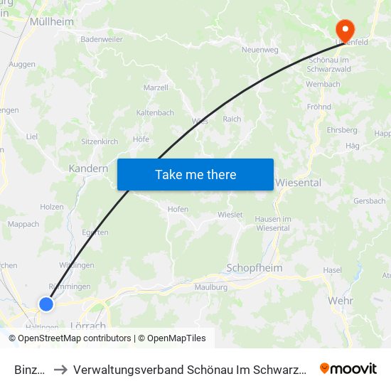 Binzen to Verwaltungsverband Schönau Im Schwarzwald map