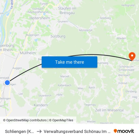 Schliengen (Kernort) to Verwaltungsverband Schönau Im Schwarzwald map