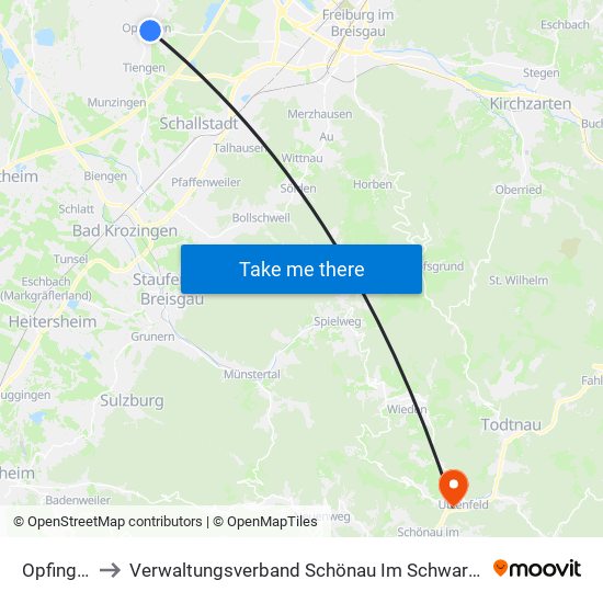 Opfingen to Verwaltungsverband Schönau Im Schwarzwald map
