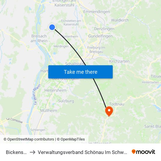 Bickensohl to Verwaltungsverband Schönau Im Schwarzwald map