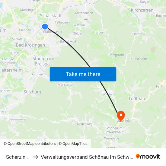 Scherzingen to Verwaltungsverband Schönau Im Schwarzwald map