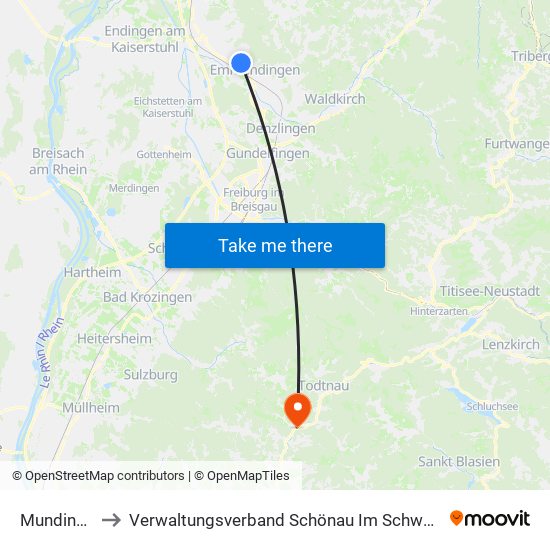 Mundingen to Verwaltungsverband Schönau Im Schwarzwald map