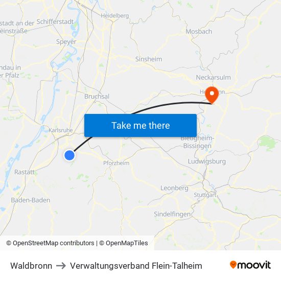 Waldbronn to Verwaltungsverband Flein-Talheim map