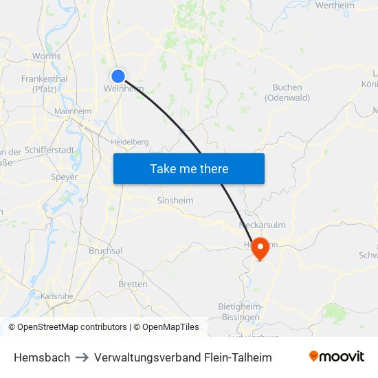 Hemsbach to Verwaltungsverband Flein-Talheim map