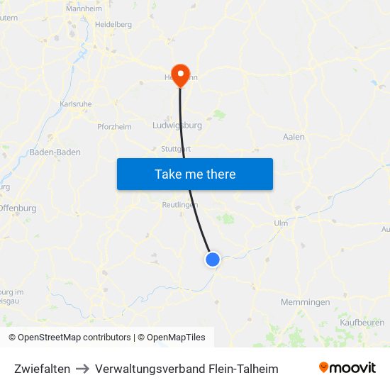 Zwiefalten to Verwaltungsverband Flein-Talheim map