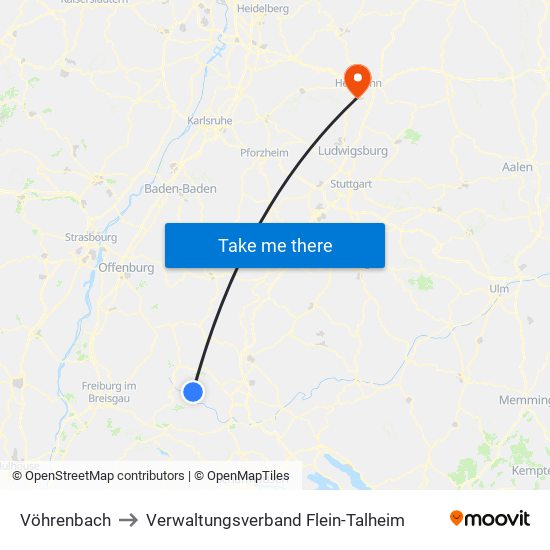 Vöhrenbach to Verwaltungsverband Flein-Talheim map