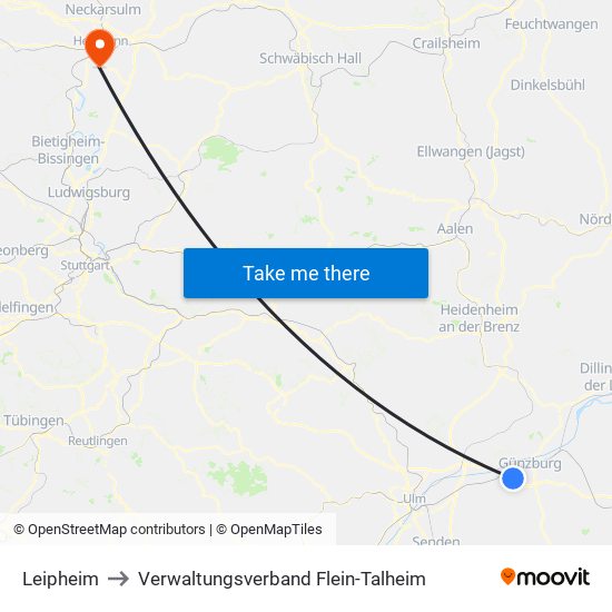 Leipheim to Verwaltungsverband Flein-Talheim map