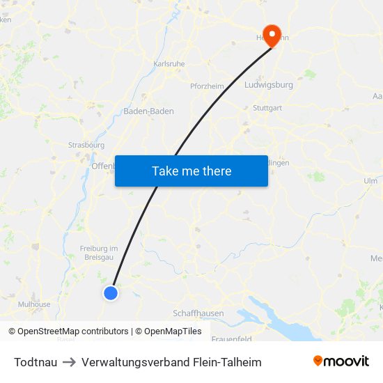 Todtnau to Verwaltungsverband Flein-Talheim map