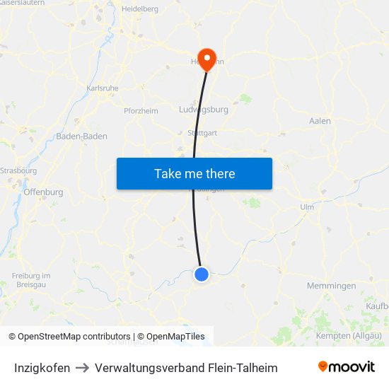 Inzigkofen to Verwaltungsverband Flein-Talheim map