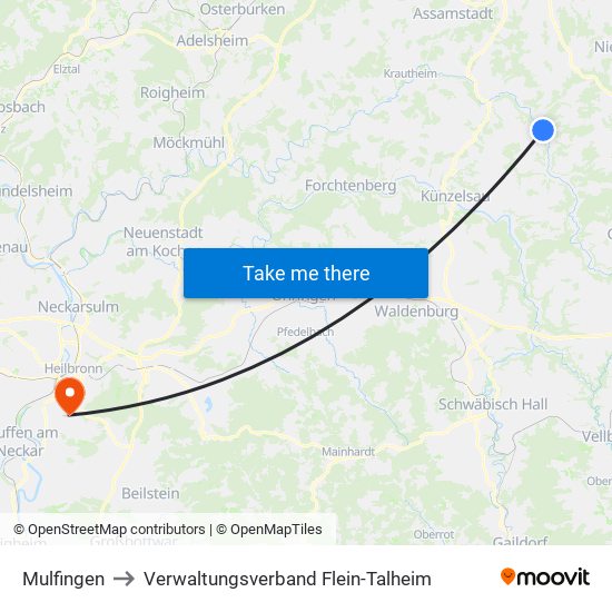 Mulfingen to Verwaltungsverband Flein-Talheim map