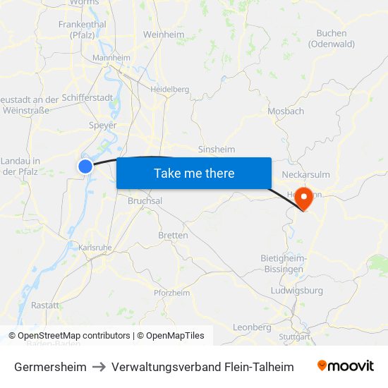 Germersheim to Verwaltungsverband Flein-Talheim map