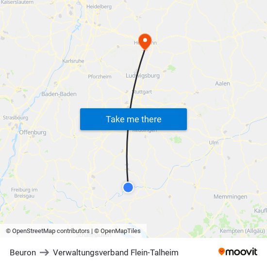 Beuron to Verwaltungsverband Flein-Talheim map