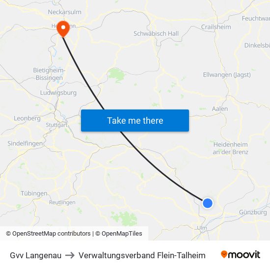 Gvv Langenau to Verwaltungsverband Flein-Talheim map