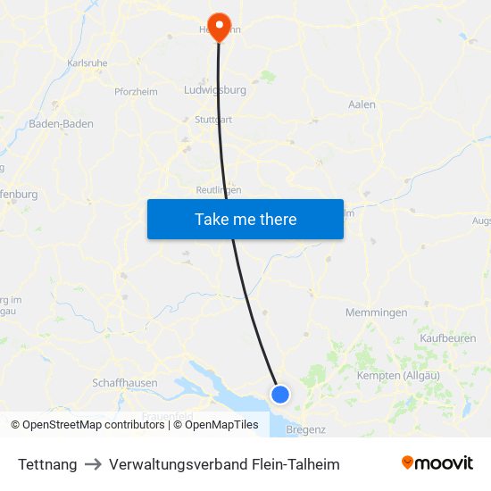 Tettnang to Verwaltungsverband Flein-Talheim map